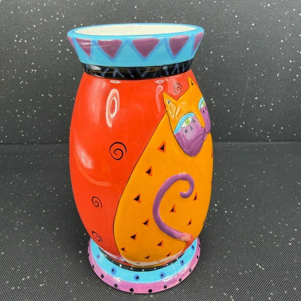 Laurel Burch for Ganz Ceramic Cat Vase Red Orange Whimsical Art BC8025 6in